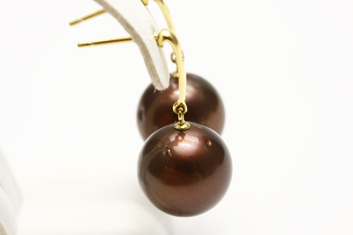 タヒチ黒蝶真珠パールデザインブラピアス 11mm チョコレートカラー K18 