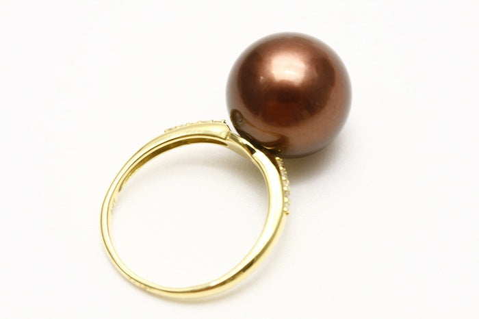 タヒチ黒蝶真珠パールリング【指輪】 12mm チョコレートカラー K18製